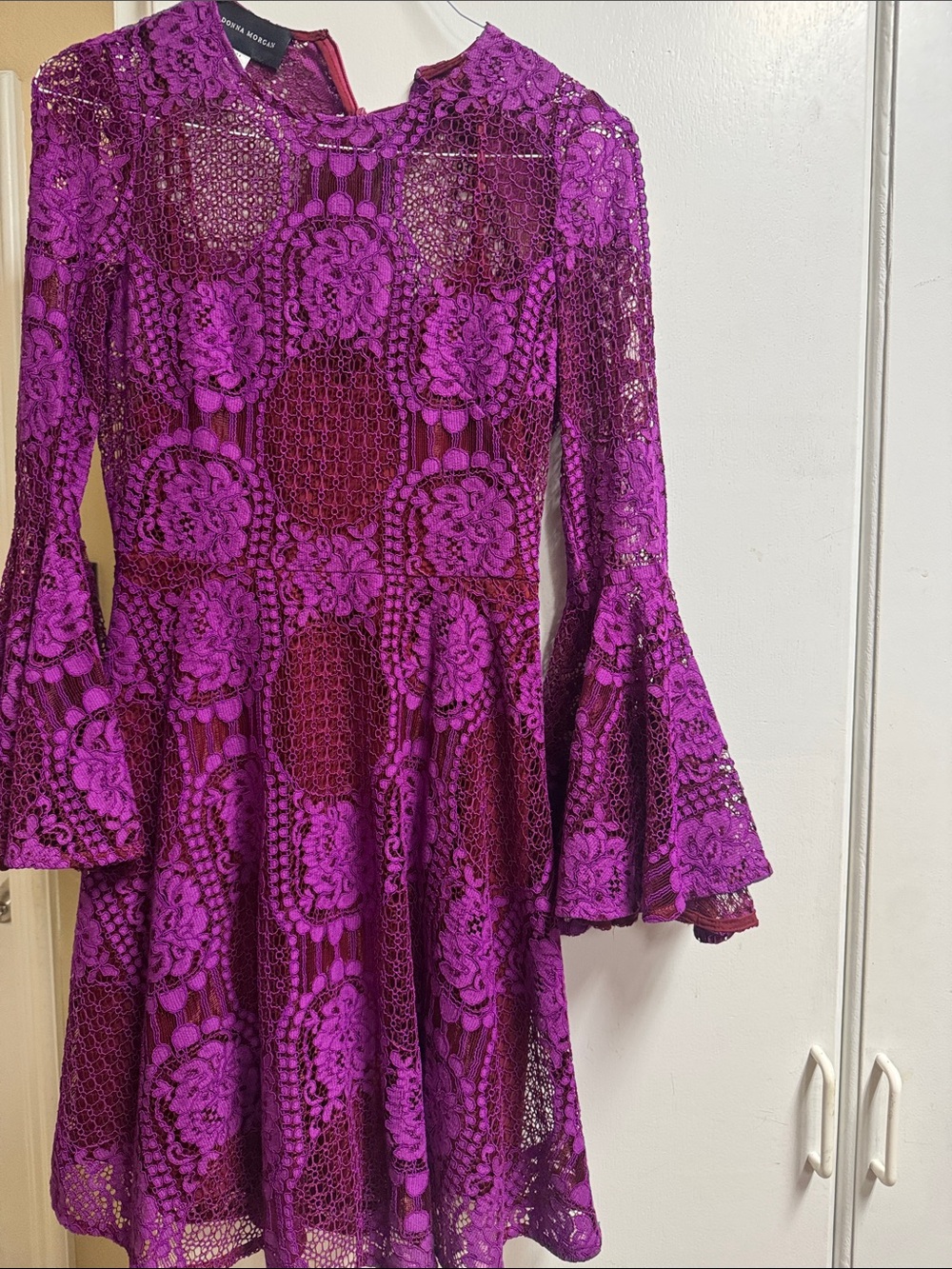 Donna Morgan Fuchsia Lace Long-Sleeve Fit & Flare Dress